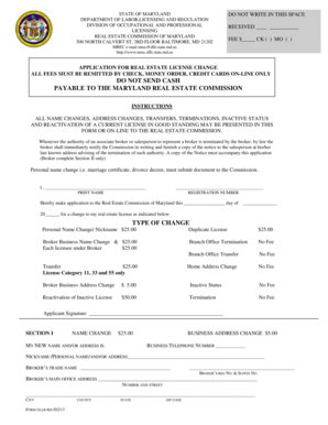 Maryland Real Estate License Change Application