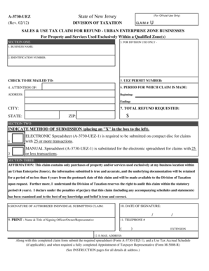 New Jersey Sales & Use Tax Claim for Refund - Urban Enterprise Zone Businesses