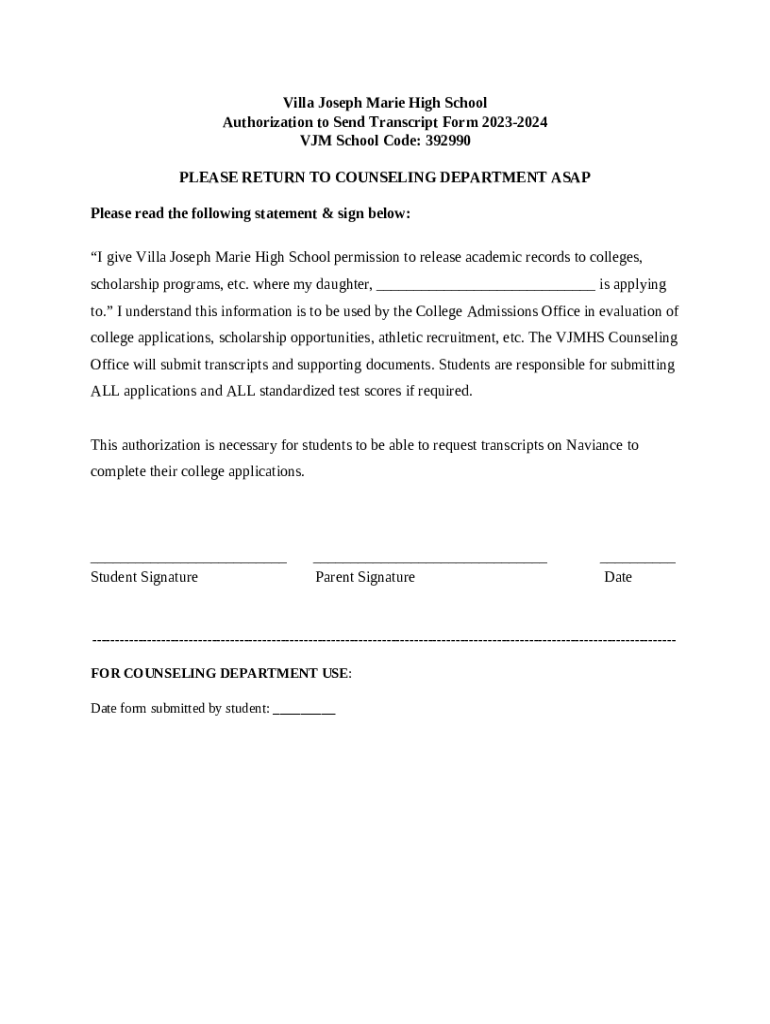 Villa Joseph Marie High School Authorization to Send Doc Template