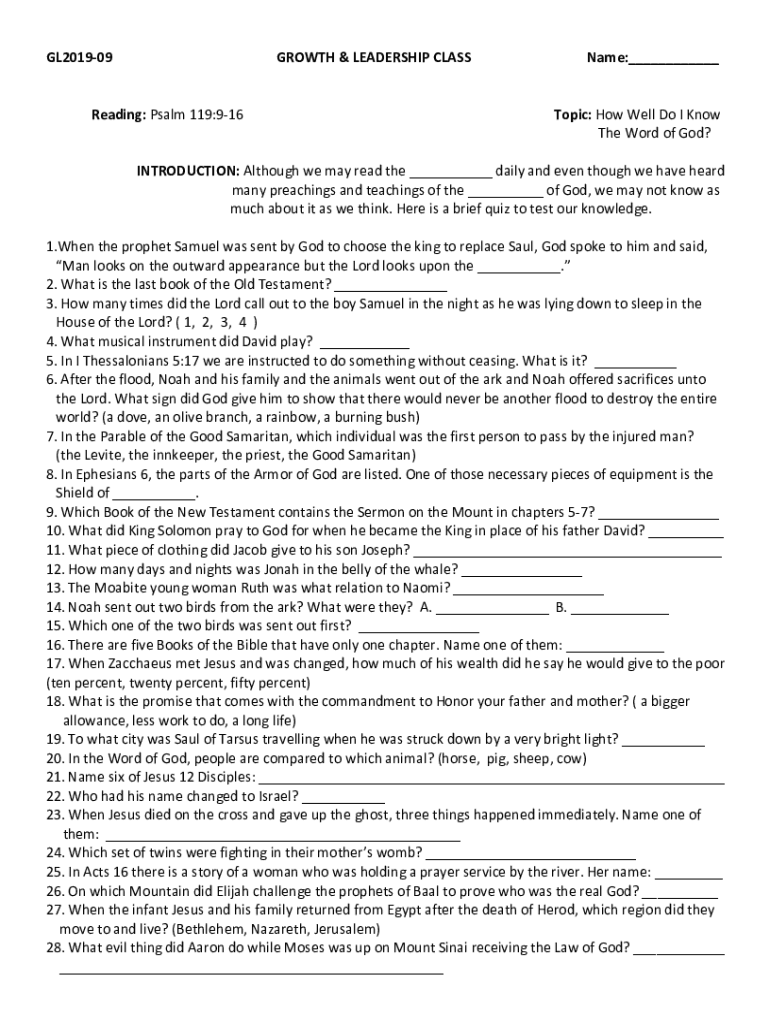 Fillable online psalm 119 9 16 topic how well do i know the word fax