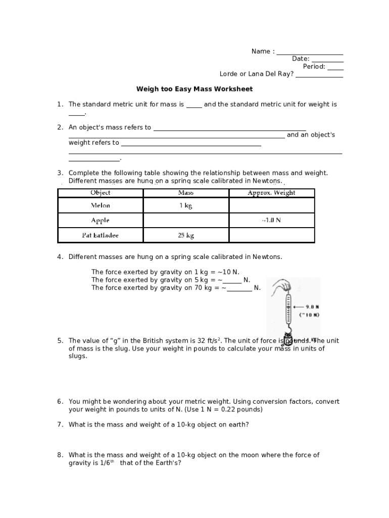 Name: - Mass and Weight Worksheet Doc Template | pdfFiller