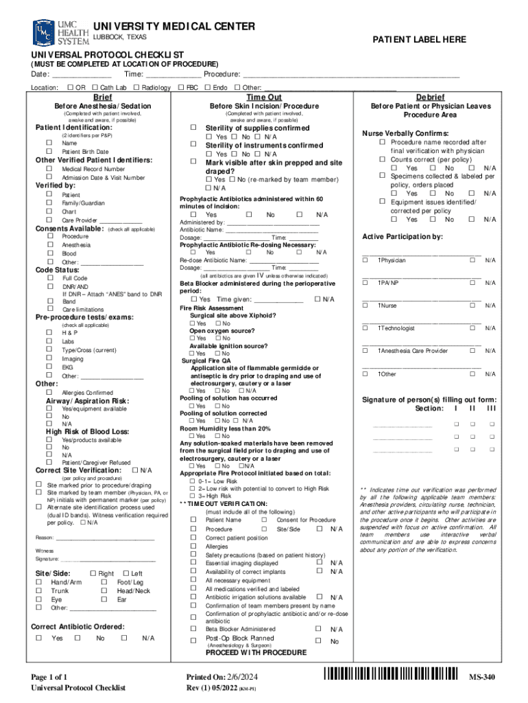 Fillable Online Universal Protocol Checklist. Universal Protocol