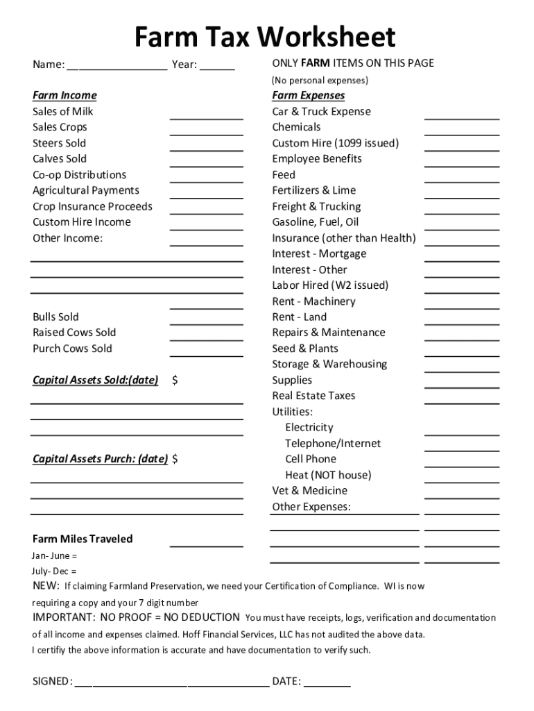 Fillable Online Farm & Expense Tax Worksheet Kirsch CPA Group