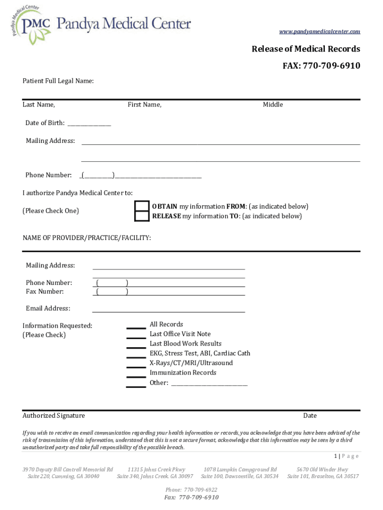 Fillable Online Pandya Medical Center Primary Care & Family Medicine
