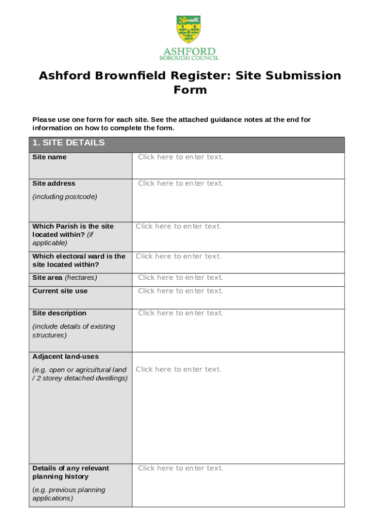 Ashford Brownfield Register Site Submission Doc Template pdfFiller