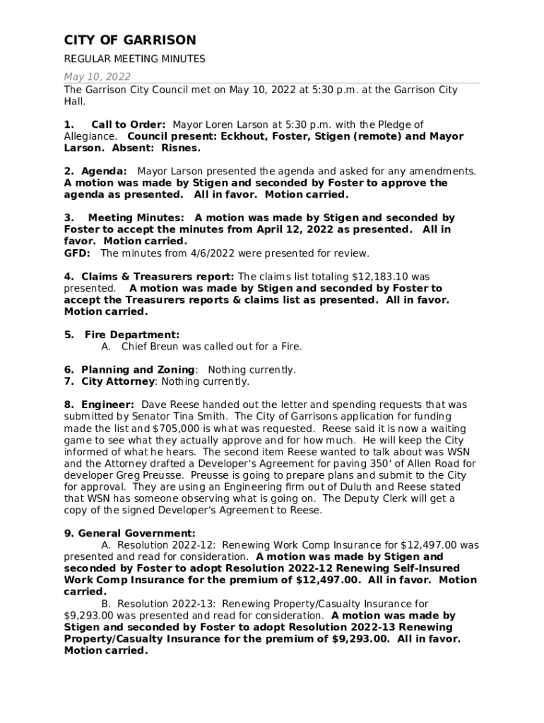 The Garrison City Council met on May 10, 2022 at 530 p Doc Template