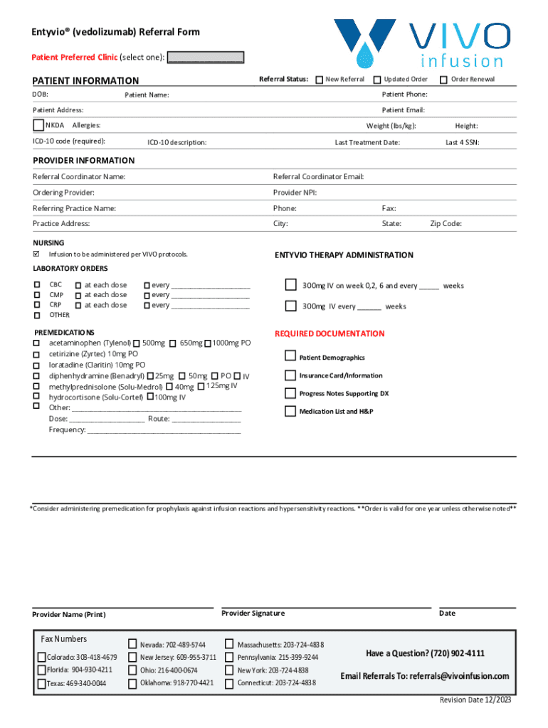 Fillable Online Entyvio (vedolizumab) Referral Form PATIENT ... Fax ...