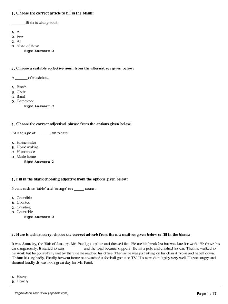 Fillable Online 1. Choose the correct article to fill in the blank Fax ...