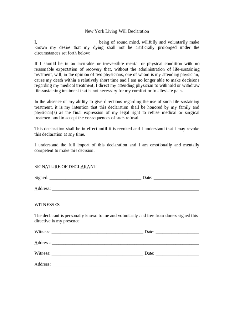 New York Living Will and Medical Power of Attorney Doc Template | pdfFiller