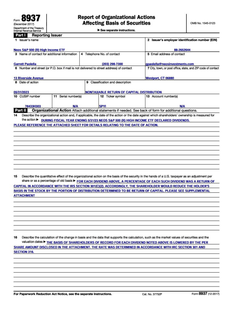 Fillable Online Neos S P 500 High Income ETF Form 8937 05 31 23 Fillable online neos s p 500 high income etf form 8937 05 31 23