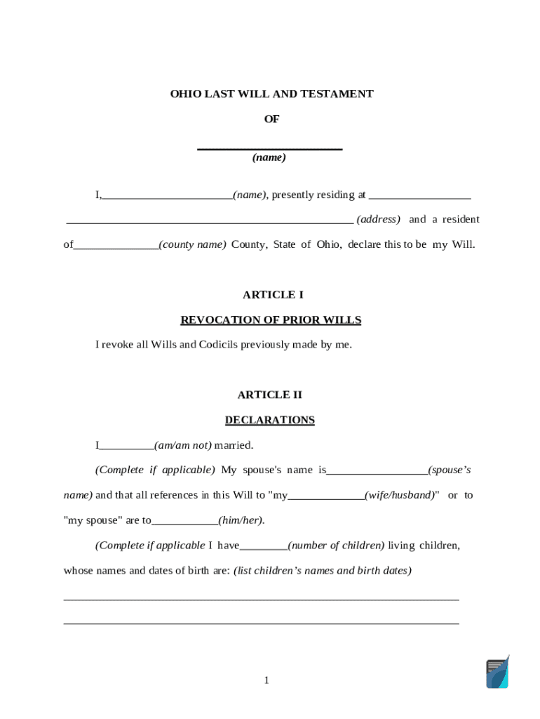 Ohio Last Will and Testament Template. Ohio last will and testament Doc
