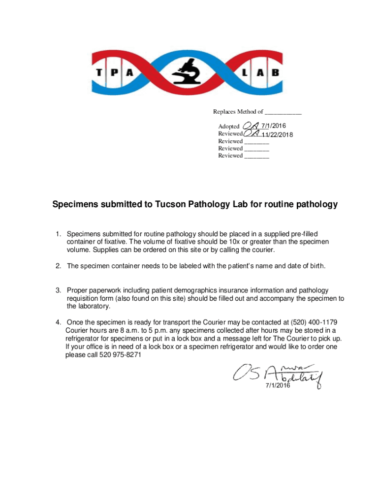 Fillable Online Specimens submitted to Tucson Pathology Lab for routine