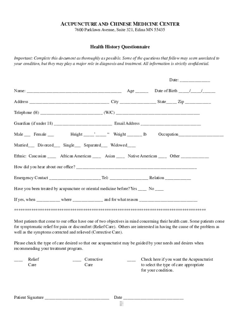 Fillable Online Health History Questionnaire - Acupuncture Therapy Fax ...