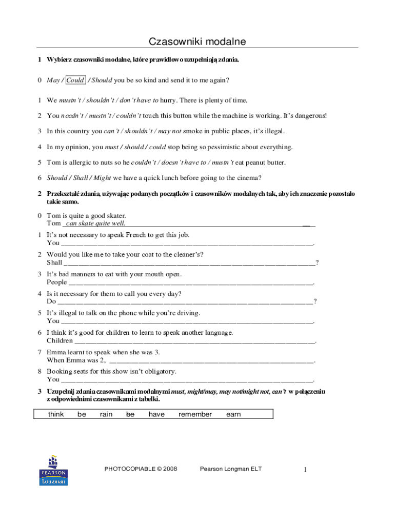 Fillable Online Czasowniki modalne w jzyku angielskim - Modal Verbs Fax