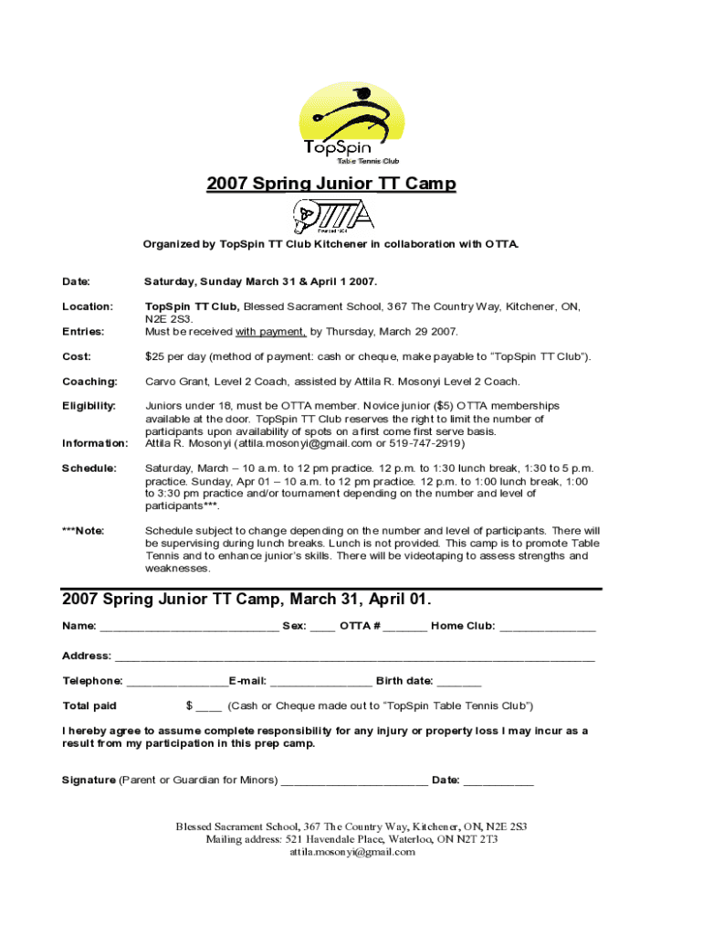 Fillable Online TopSpin Table Tennis Club of KitchenerWaterlooSchedule
