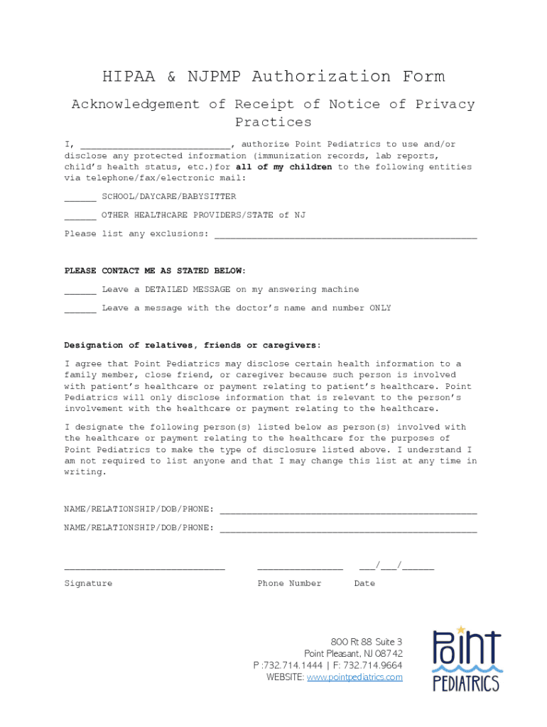 Fillable Online HIPAA & NJPMP Authorization Form Fax Email Print pdfFiller