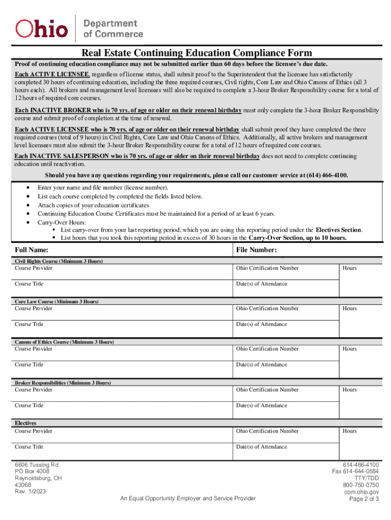 ohio real estate continuing education compliance form Preview on Page 1