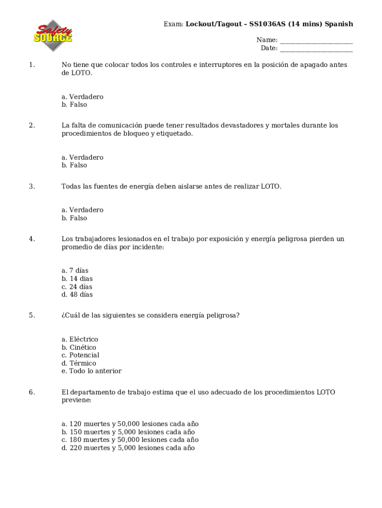 Completable En línea Exam: Lockout/Tagout SS1036AS (14 mins) Spanish ...