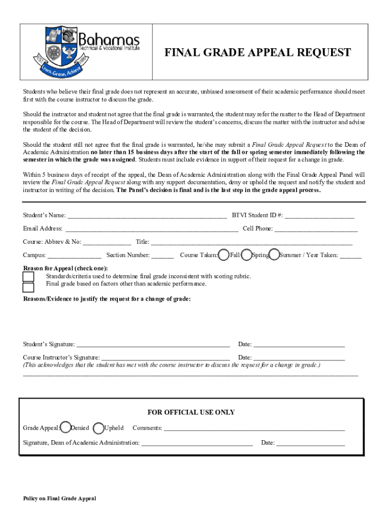 Fillable Online btvi edu FINAL GRADE APPEAL REQUEST Fax Email Print ...