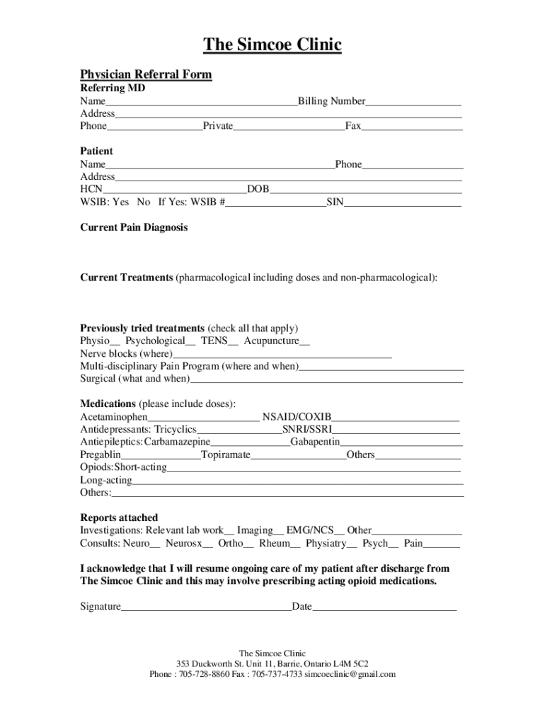 Fillable Online Specializing in Pain Intervention The Simcoe Clinic