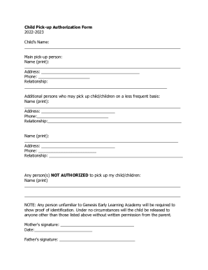 Child Pick-up Authorization Form 2022-2023