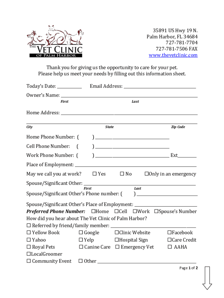 Fillable Online The Vet Clinic of Palm Harbor Veterinarian in Palm Harbor Fax Email Print