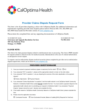 Fillable Online Provider Claims Dispute Request Form. Provider Claims ...