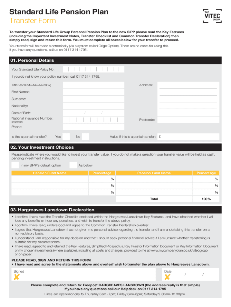 Fillable Online Standard Life Pension Plan Transfer Form Fax Email