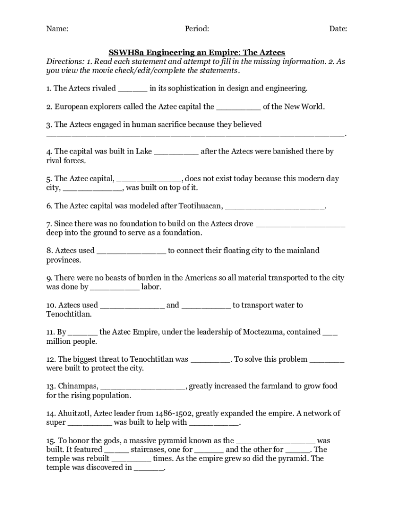 Fillable Online Engineering An Empire Aztecs Worksheet Fill Online Fax Email Print pdfFiller
