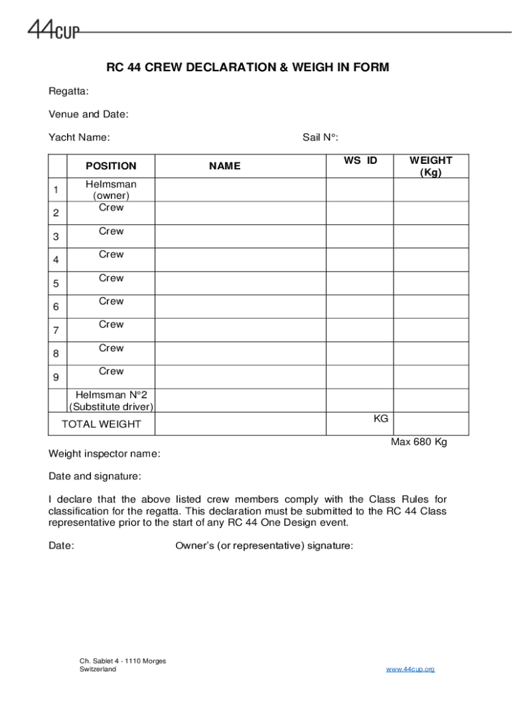 Fillable Online rc 44 crew declaration & weigh in form Fax Email Print