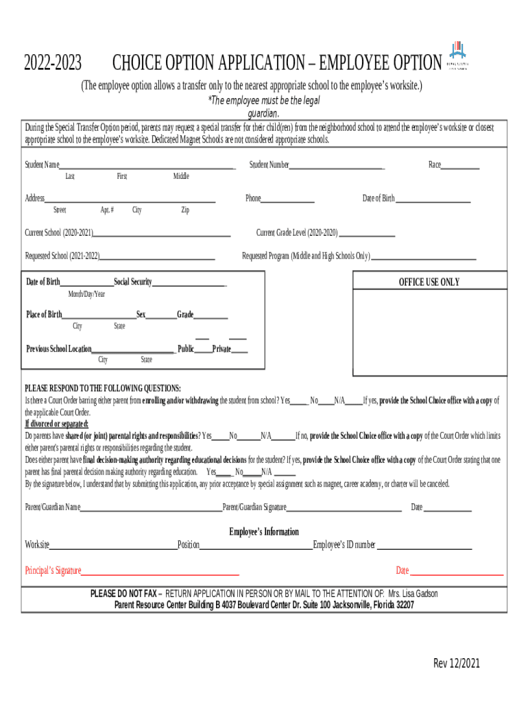 2022 2023CHOICE OPTION APPLICATION EMPLOYEE OPTION Doc Template PdfFiller