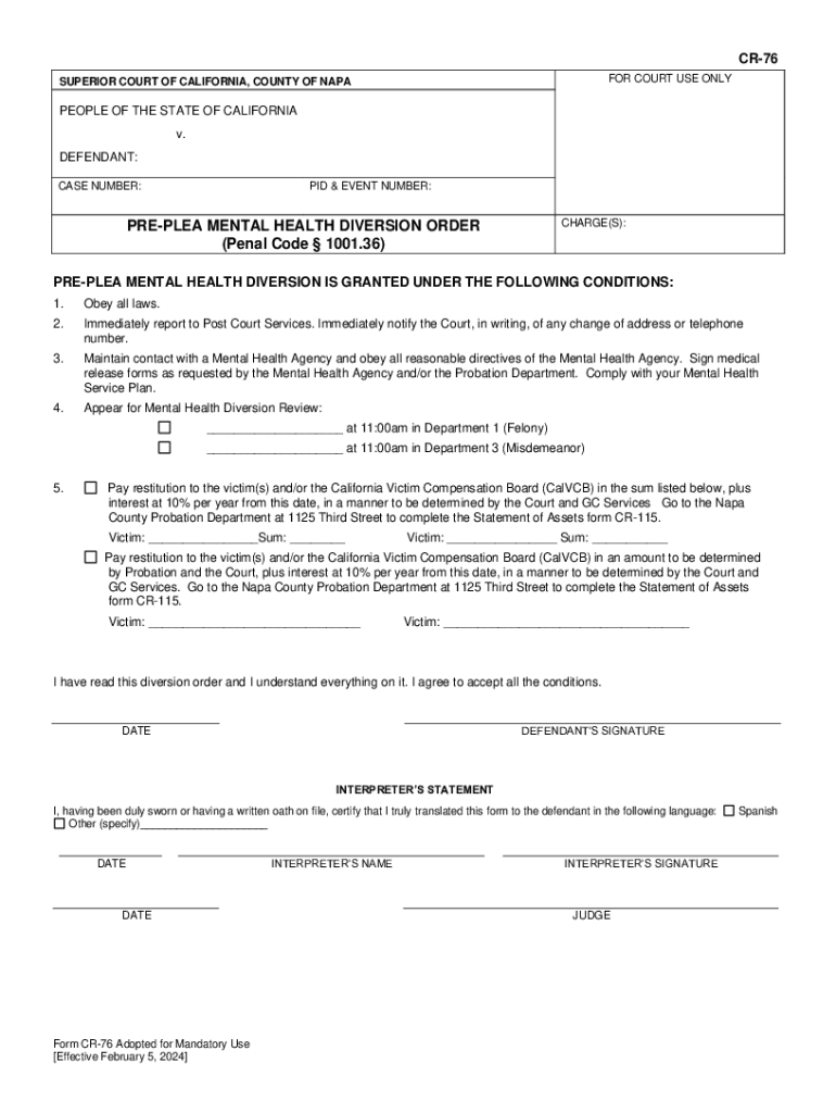 Fillable Online PREPLEA MENTAL HEALTH DIVERSION ORDER (Penal Code