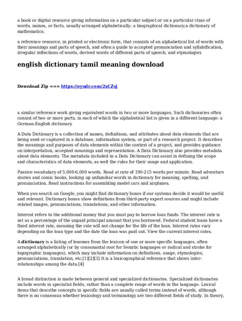 Fillable Online English Dictionary Tamil Meaning Download Fax Email