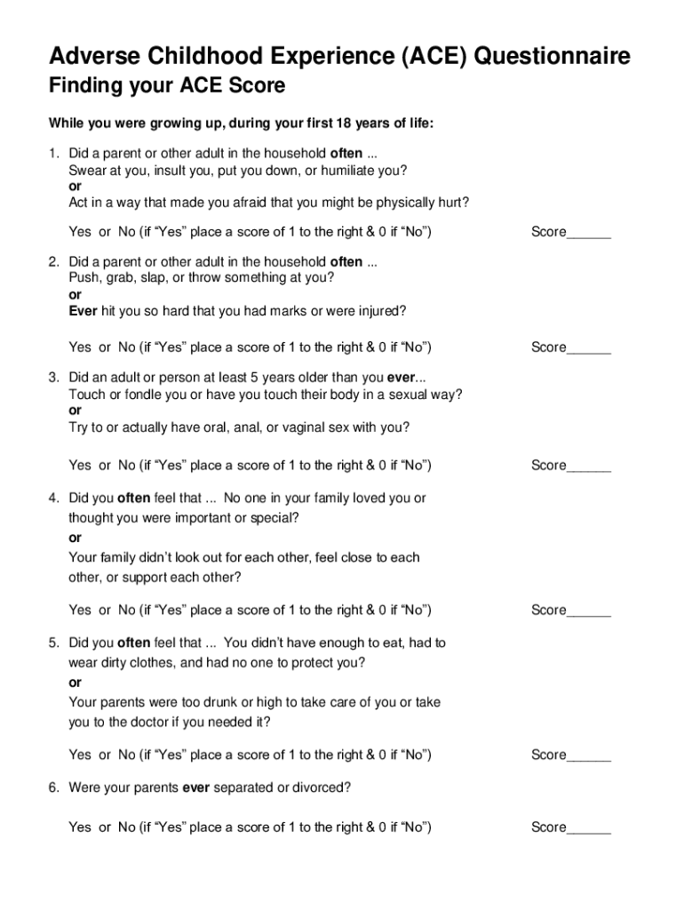 Adverse Childhood Experience ACE Questionnaire Blank Fillable 