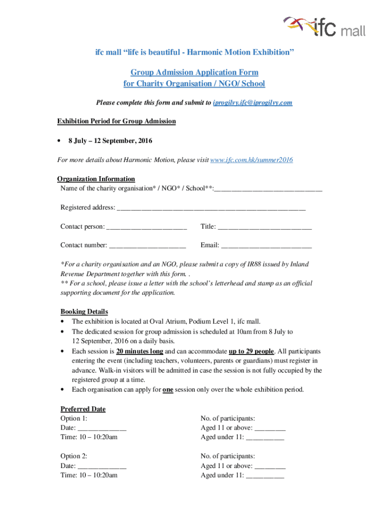 Fillable Online Group Admission Application Form (Charity NGO & Schools ...