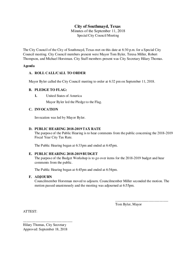 Fillable Online The City Council of the City of Southmayd, Texas met on this date at 630 p Fax
