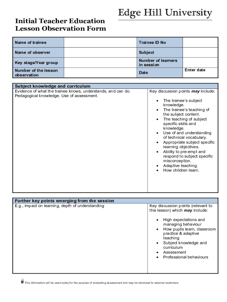 Fillable Online Initial Teacher Education Lesson Observation Form Fax ...
