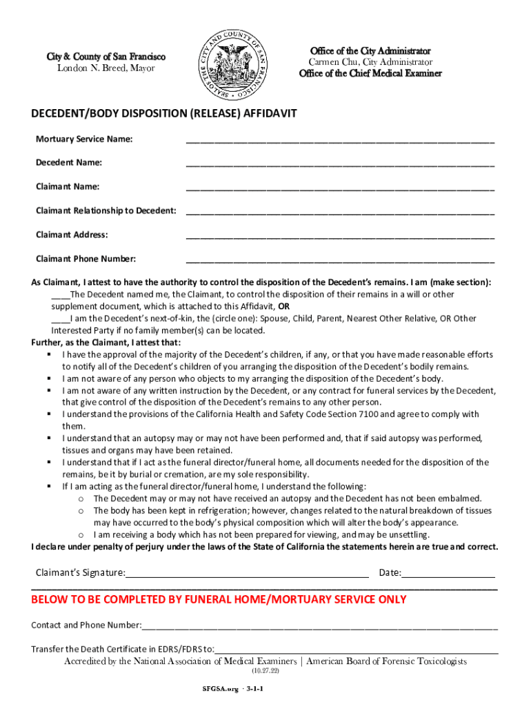 DECEDENT BODY DISPOSITION (RELEASE) AFFIDAVIT Preview on Page 1