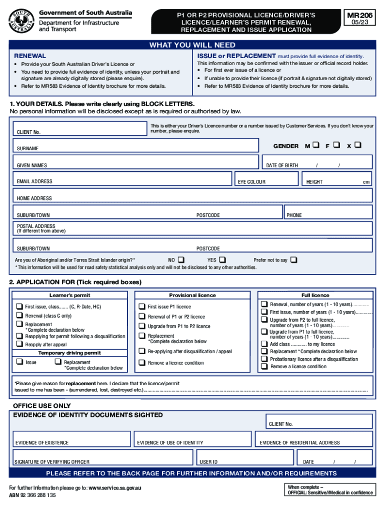 MR206 P1 or P2 Provisional Licence Drivers Licence Learners Permit Renewal, Replacement and Issue Ap Preview on Page 1