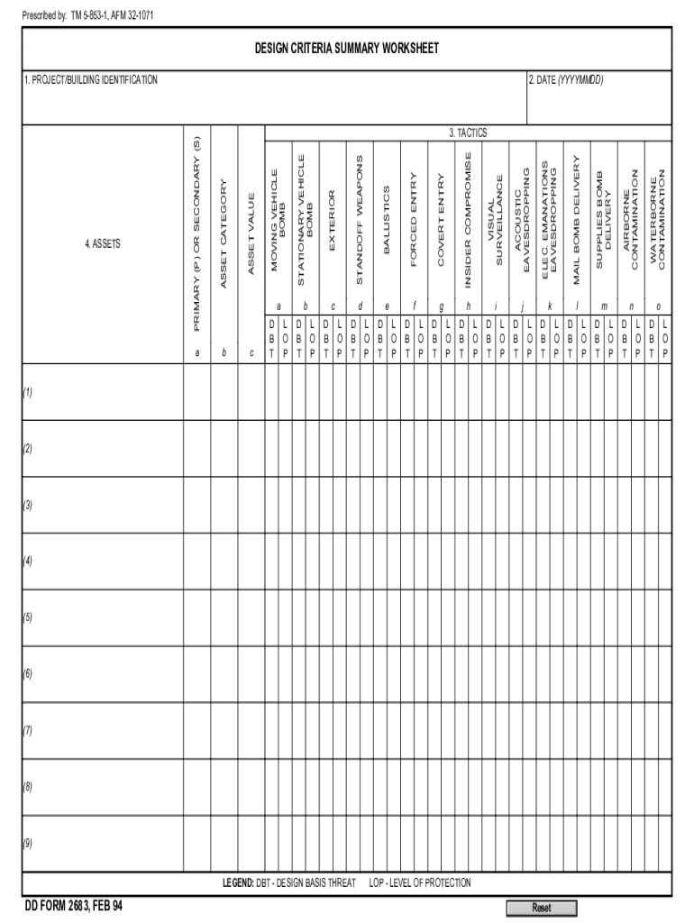 Fillable Online DD Form 2683 DESIGN CRITERIA SUMMARY WORKSHEET Fax Fillable Online DD Form 2683 DESIGN CRITERIA SUMMARY WORKSHEET Fax