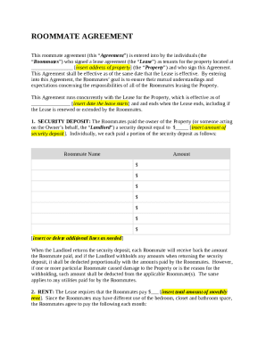This roommate agreement (this Agreement) is entered into by the individuals (the Roommates) who signed a lease agreement (the Lease) as tenants for the property located at insert address of property (the Property) and who sign this Agreement
