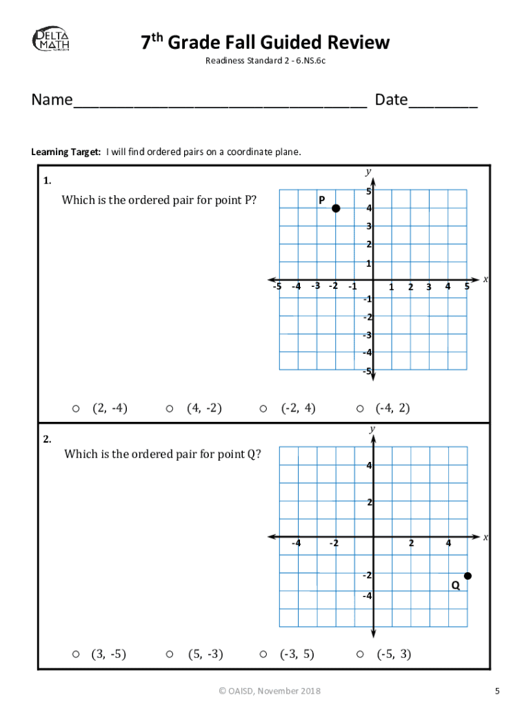 Fillable Online Determine the Ordered Pairs for Points Plotted on ...
