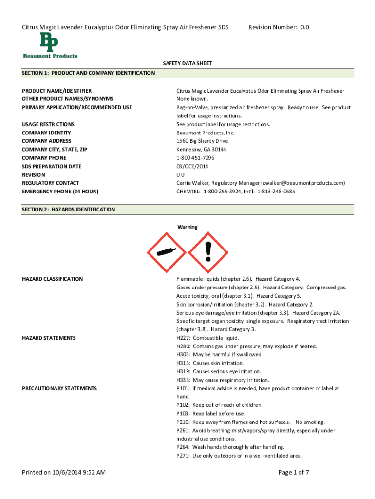 Fillable Online Citrus Magic Spray Air Freshener Safety Data Sheet