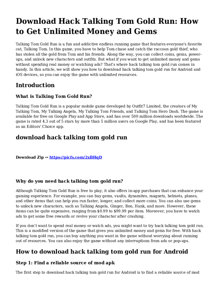 Fillable Online Download Talking Tom Gold Run (MOD, Unlimited Money) Fax Email Print pdfFiller