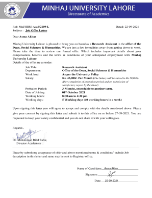 Job Offer Letter Dear Asma Akbar Minhaj University Lahore