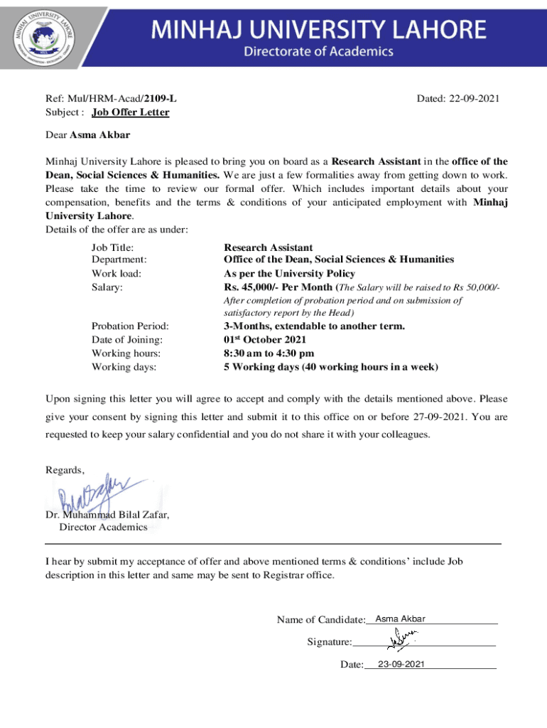 Job Offer Letter Dear Asma Akbar Minhaj University Lahore Preview on Page 1