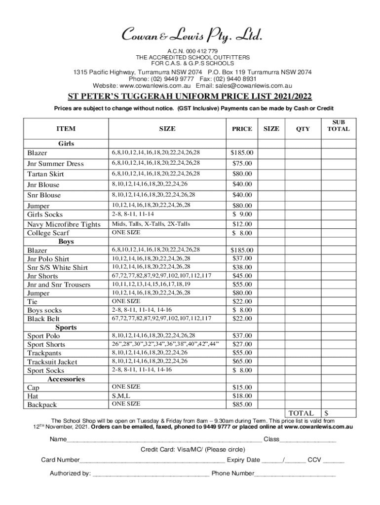 Fillable Online st peter's tuggerah uniform price list 2021/2022 Fax