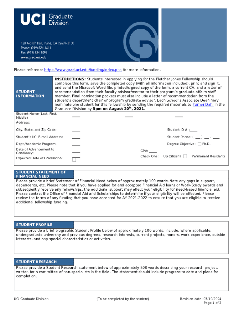 Fletcher Jones Fellowship AY 20212022 Nomination Doc Template pdfFiller