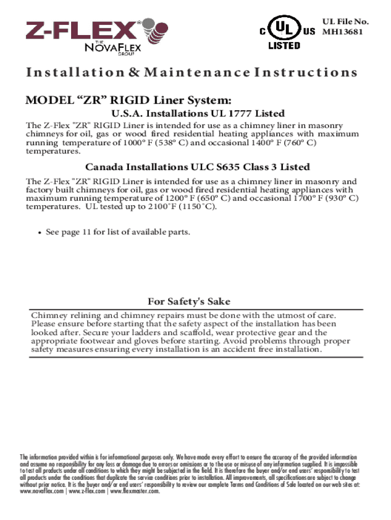Fillable Online ZFlex Chimney Liner Kits and Accessories All Fuels
