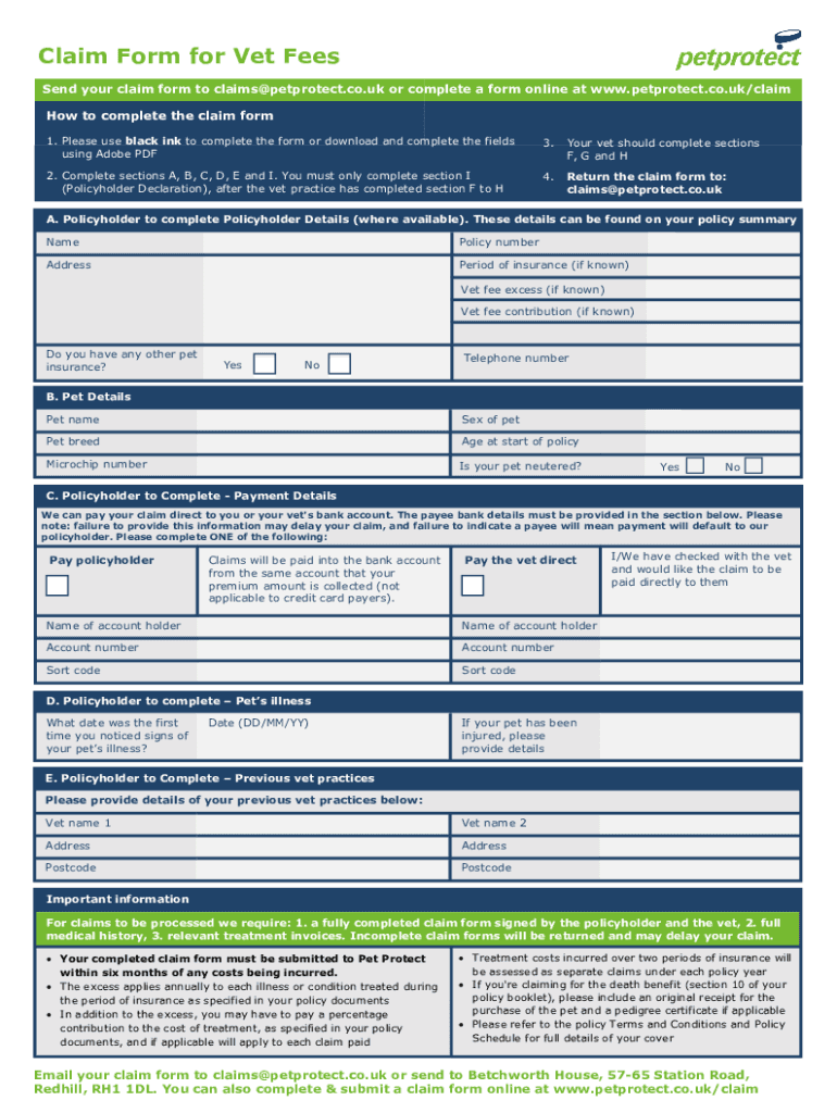 pet claim vet fees form Preview on Page 1